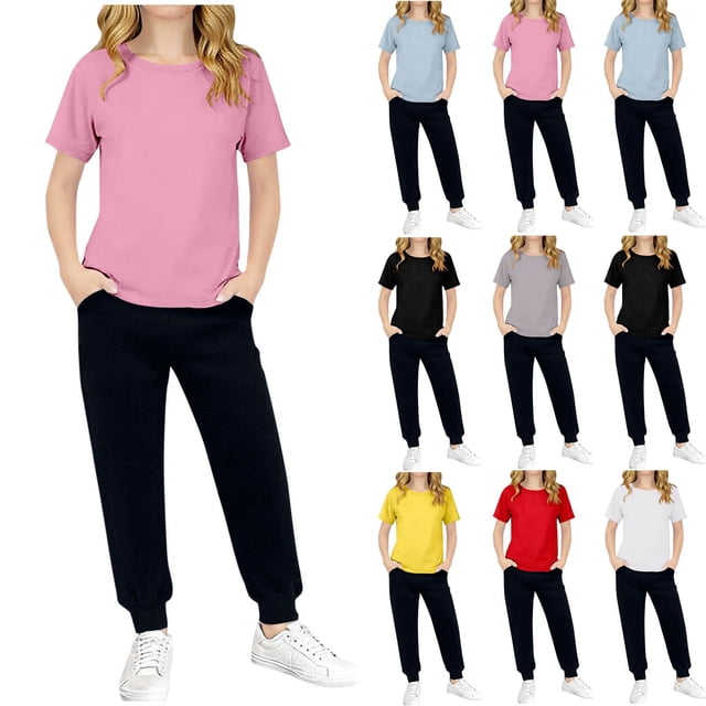 Qtocio Big Girls 2 Piece Outfits Solid Color Short Sleeve Tee Tops and Long Pants Casual Daily Style Lightweight Soft Summer Matching Set for Kids