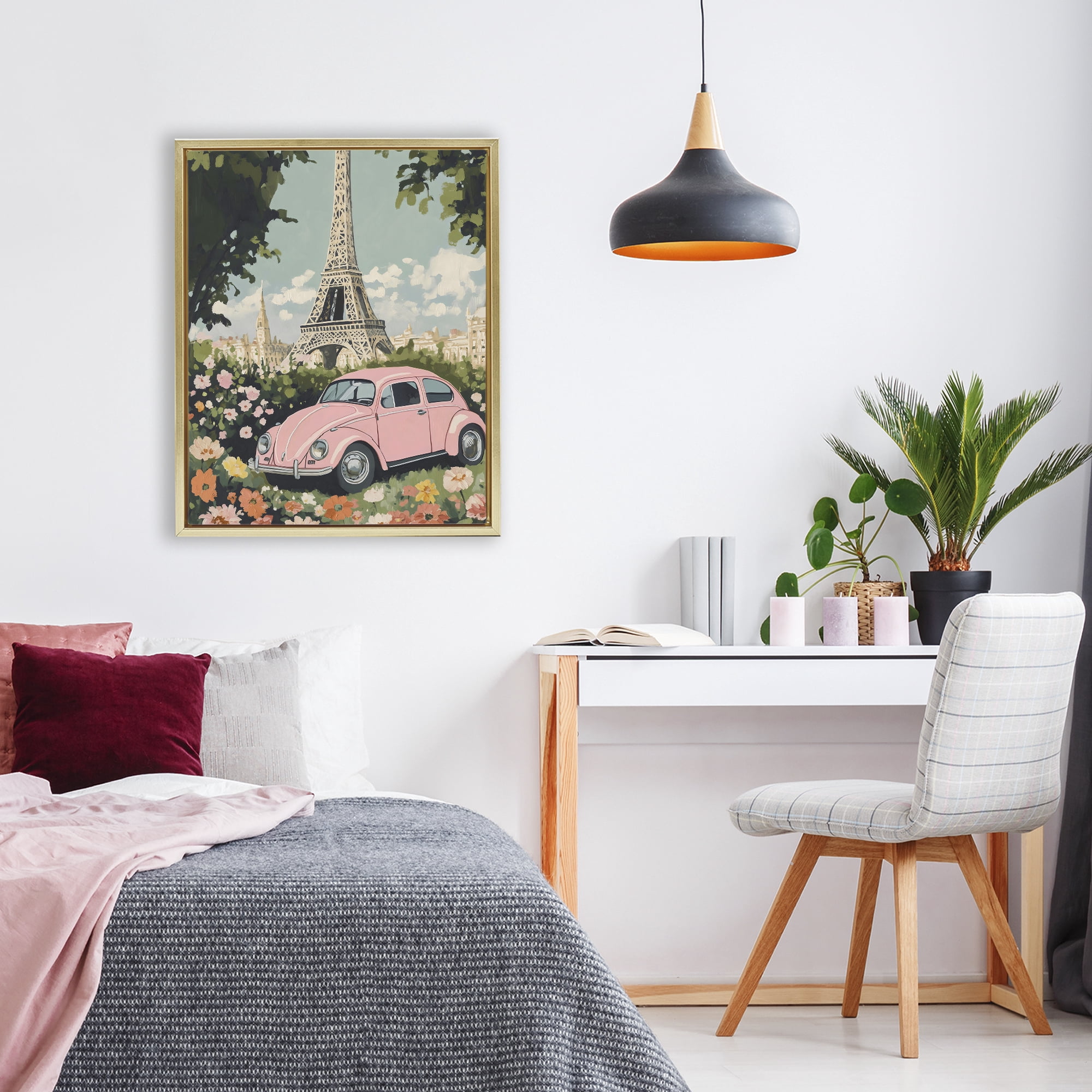 Stupell Industries Paris Pink Car in Bloom Gold Framed Floater Canvas Wall Art, design by The Prints Vibe