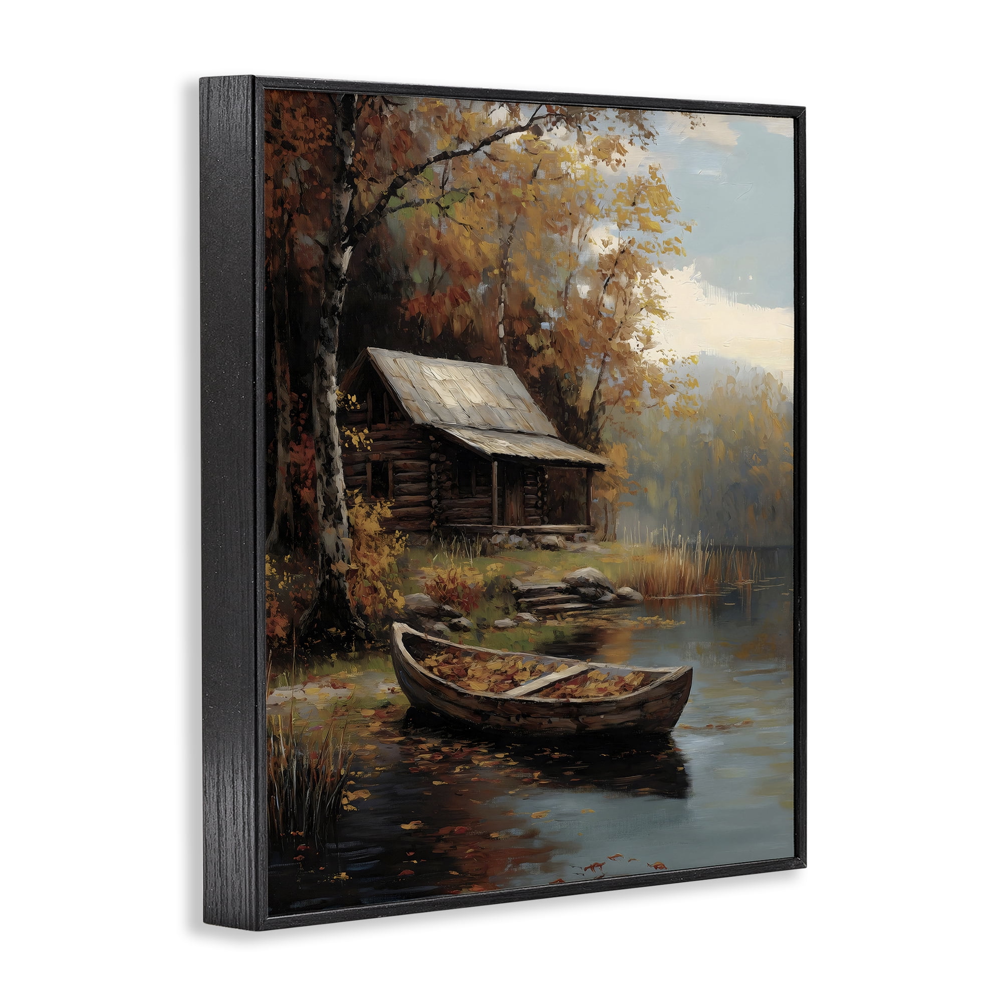 Autumn Cabin Canoe with Leaves Black Framed Giclee Art, design by Arlington Prints