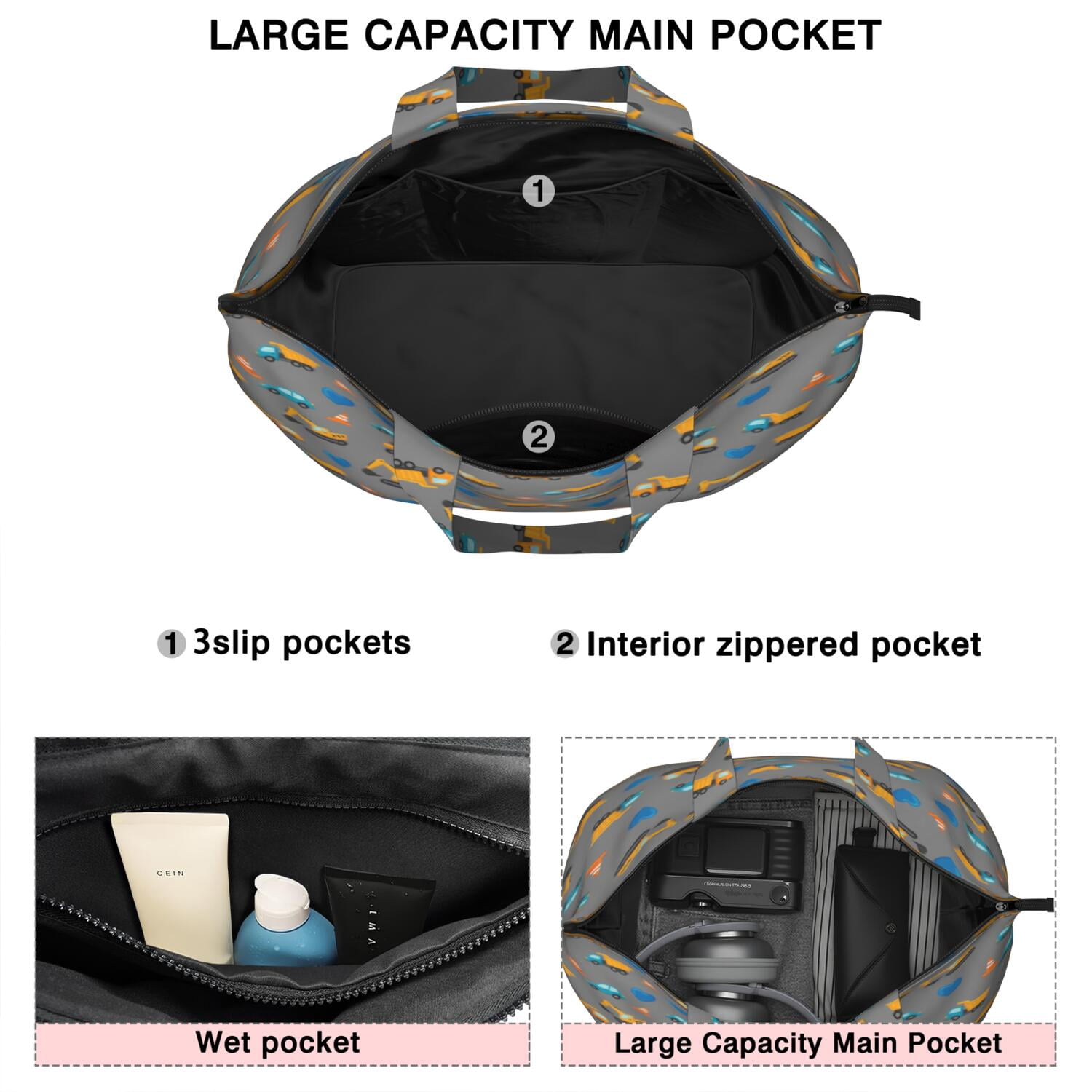 Cartoon Construction Vehicles Hearts Travel Tote Bags for Women Carry On,Large Weekender Bags for Women Travel,Multi Functional Duffle Bag for Work,Shopping,Sports