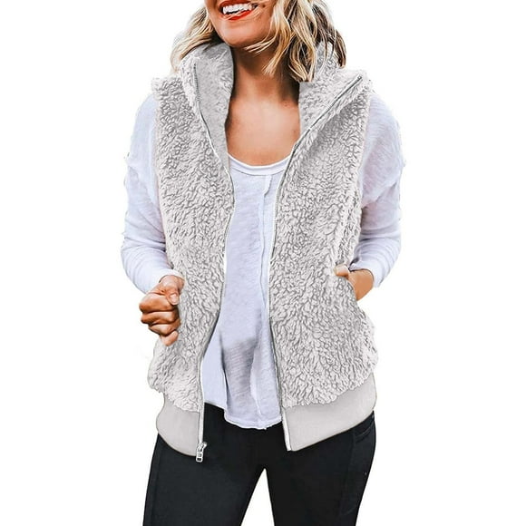 Virmaxy Womens Winter Sherpa Fleece Vest Solid Color Faux Shearling Shaggy Coat Sleeveless Full Zip up Lapel Neck Plush Jacket Warm Winter Coat Outerwear Gray XL