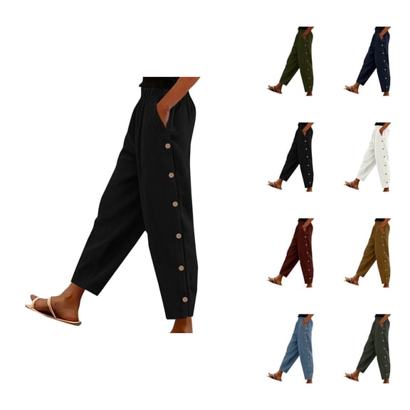 Corduroy Pants Women Elastic Waist Straight Leg Relaxed Fit Ankle Length Lounge Pants with Pockets Work Trousers