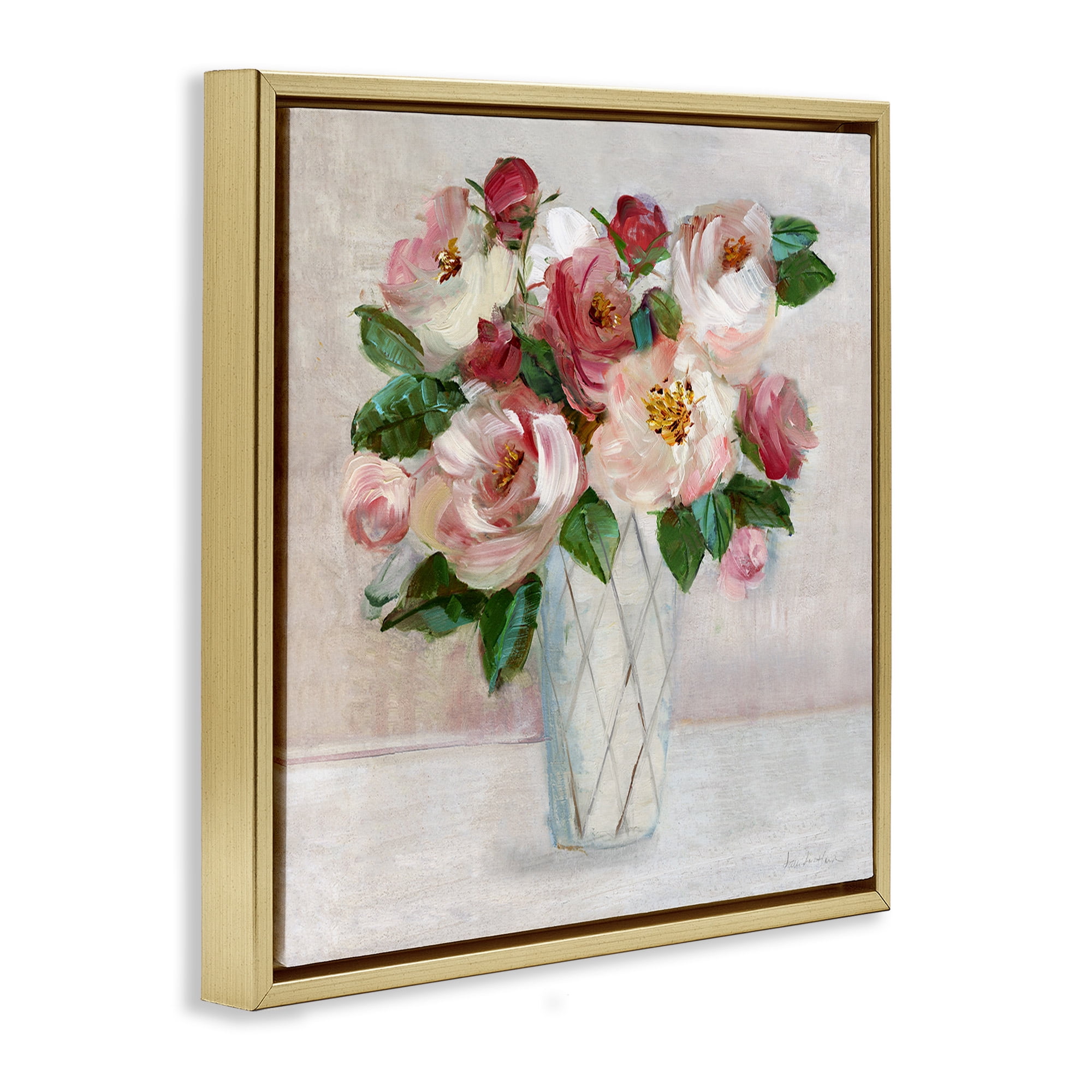 Stupell Industries Pink & Red Rose Bouquet Botanical & Floral Painting Gold Floater Framed Canvas Art Print Wall Art, 25 x 25
