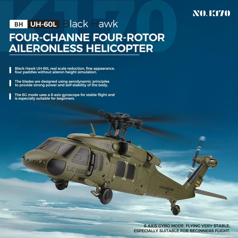 Bruce&Shark K170 RC Helicopter Model, Black Hawk UH-60L 170 Size 4CH Flybarless Helicopter with Adjustable Left and Right Hand Throttle (RTF Version)
