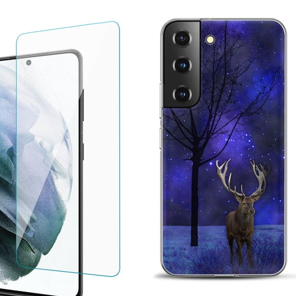 Slim-Fit Fashion Gel Phone Case for Samsung Galaxy S22  5G / S22 Plus 5G, with Tempered Glass Screen Protector, by OneToughShield ® - Midnight Deer