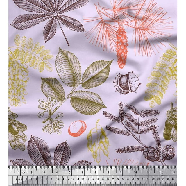 Soimoi Poly Georgette Fabric Spruce & Chestnut Leaves Print Fabric by Yard 52 Inch Wide