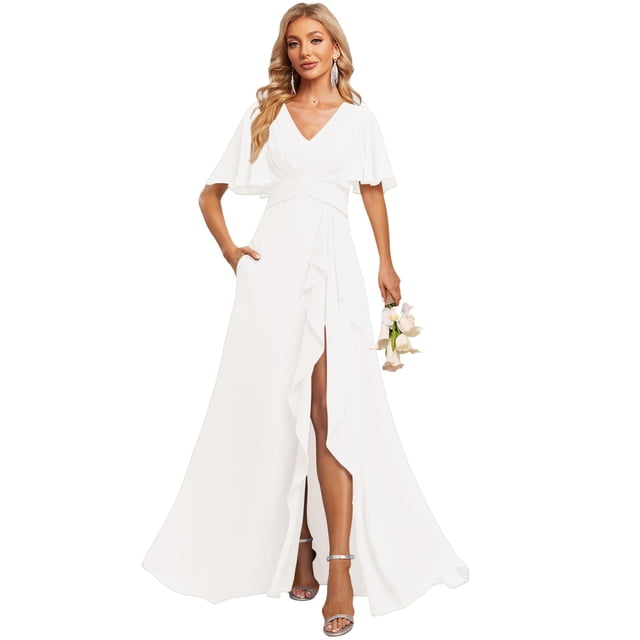 Vestido de dama de honor Deamify, talla grande, manga ondulada, chifón