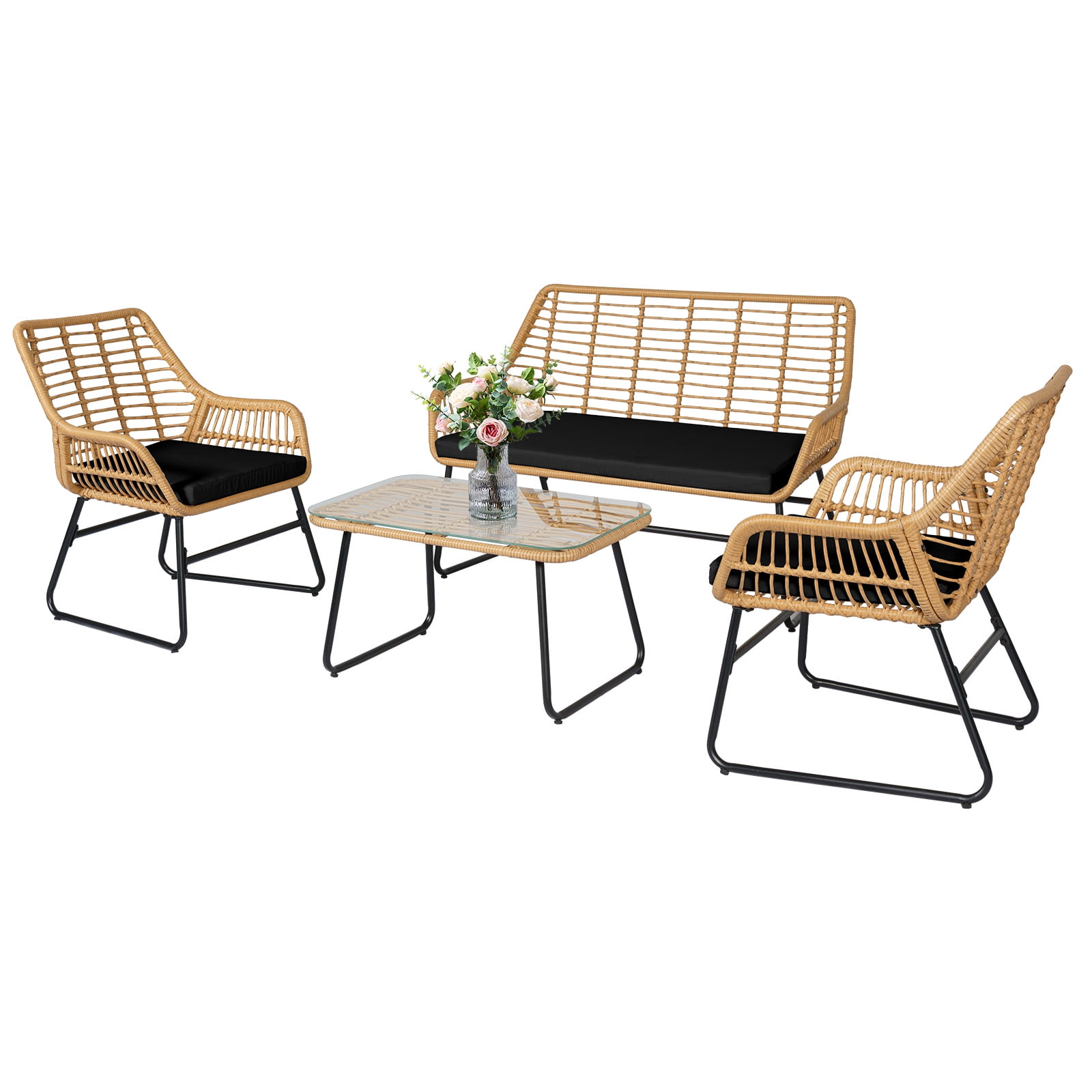 Tappio 4-Piece Rattan Patio Furniture Set, Outdoor Wicker Conversation Set with Tempered Glass Table, Black