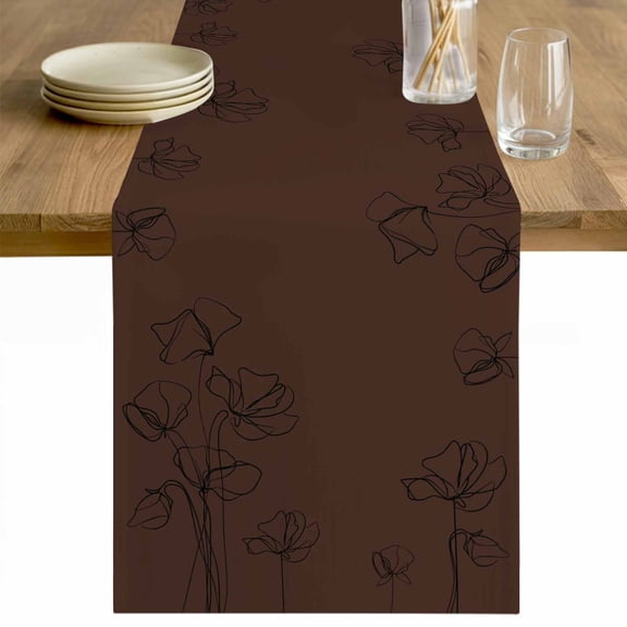 Brown Flowers Table Runner - 70 Inch Long Japanese Abstract Floral Plants Simple Art Cotton and Linen Blended Dress Scarves Farmhouse Table Runner for Kitchen Dining, Coffee Table, 13" x 70"