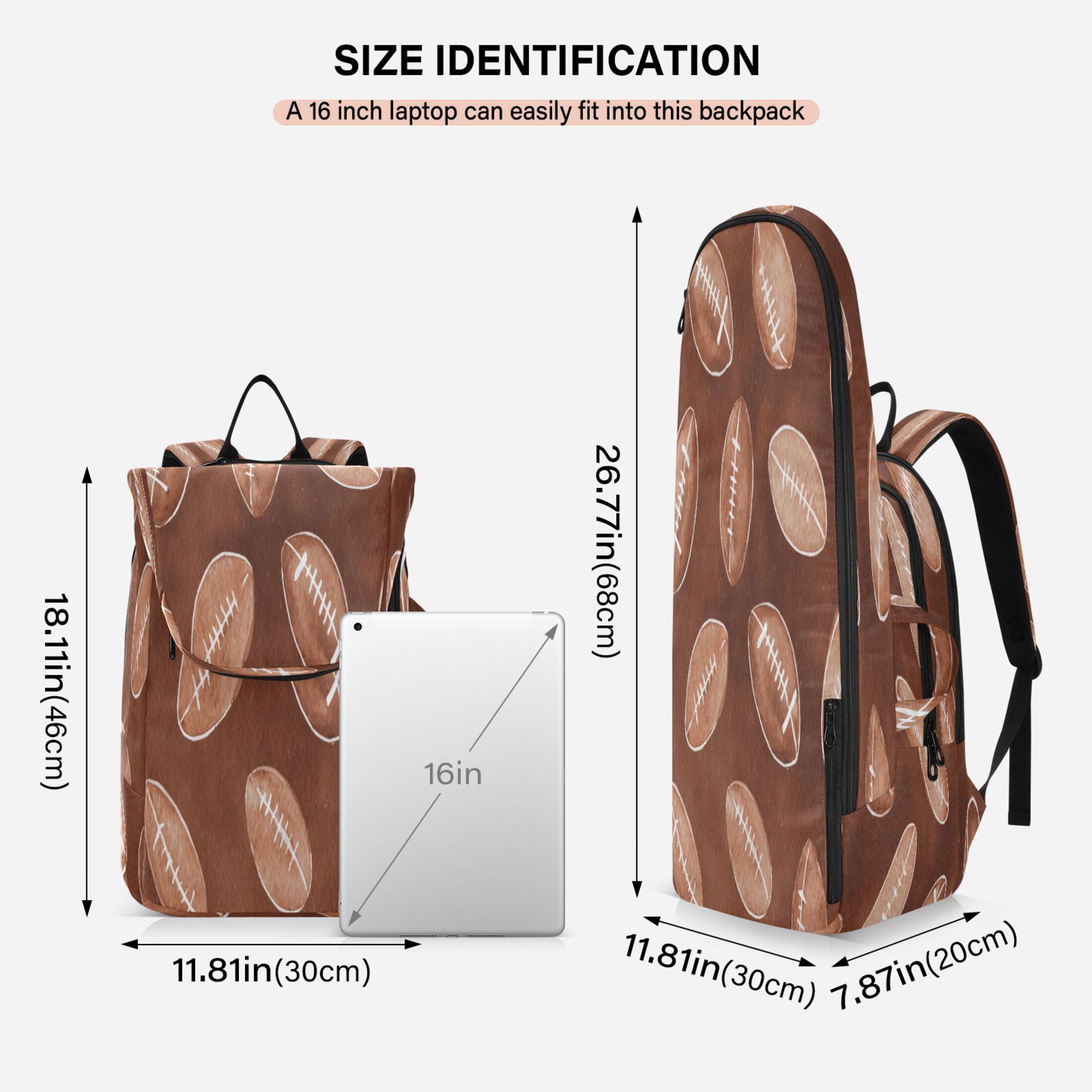 2 Racquet Holder Tennis Backpack Tennis Racket Covers Gym Bags Brown Rugby Balls Pattern