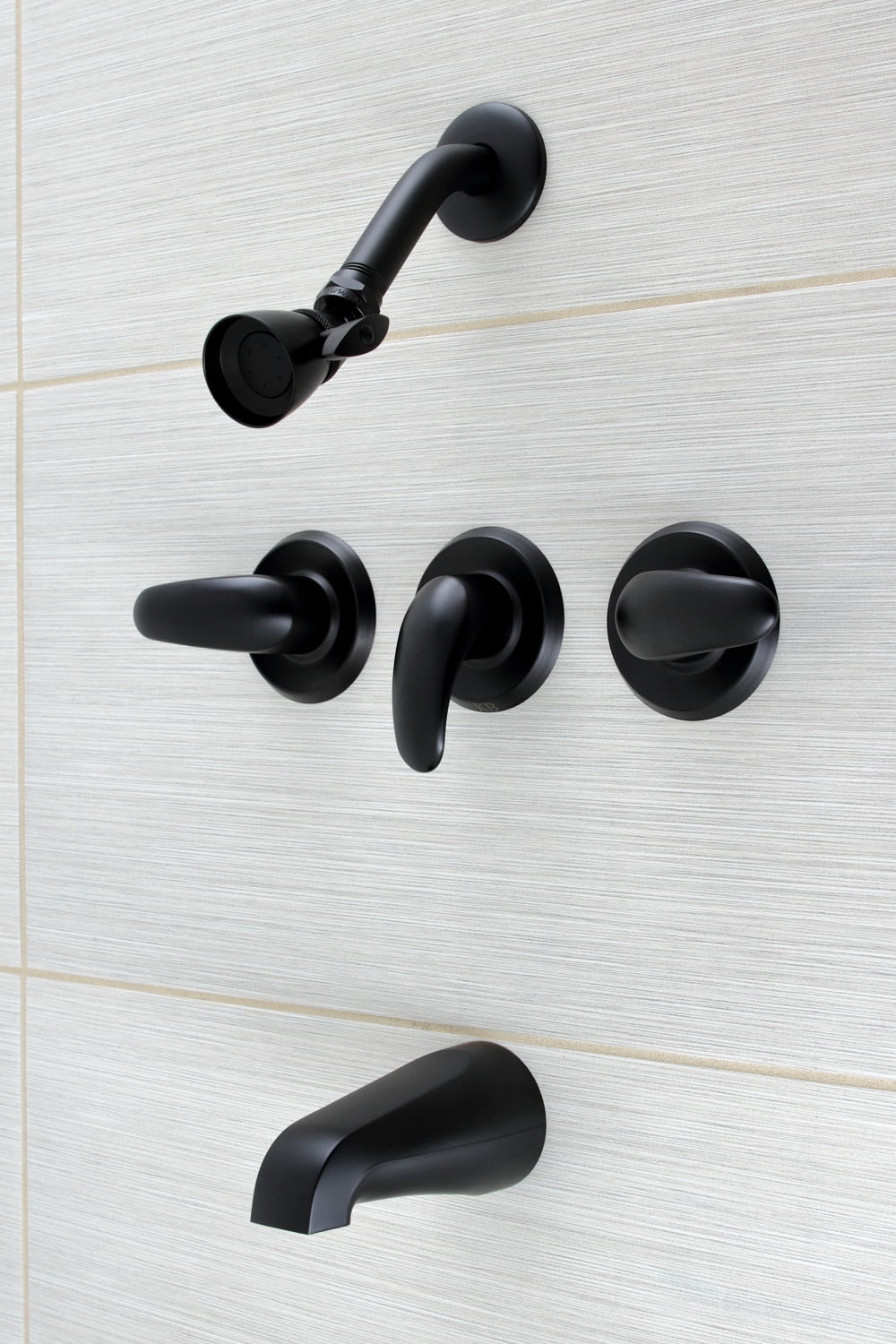 Kingston Brass Wall Mount Tub and Shower Faucet Matte Black with 7 GPM Spout and ADA Lever Handles