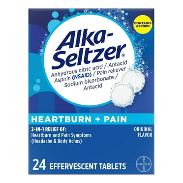 Alka-Seltzer Heartburn Relief and Pain Relief, Aspirin   Antacid Effervescent Tablets, 24 Count