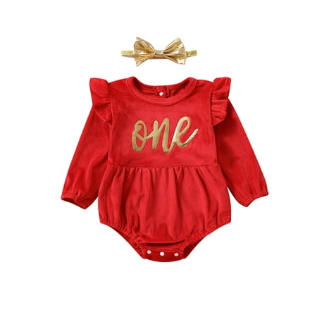 

AmShibel Valentine s Day Baby Girls Romper Letter Printed Ruffled Long Sleeves Jumpsuits and Headband Outfit