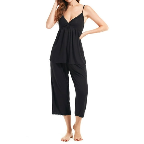 Women’s Satin Pajama Set Cami Top and Capri Pants Silk Sleepwear Soft Loungewear 2 Piece Nightwear Summer PJs