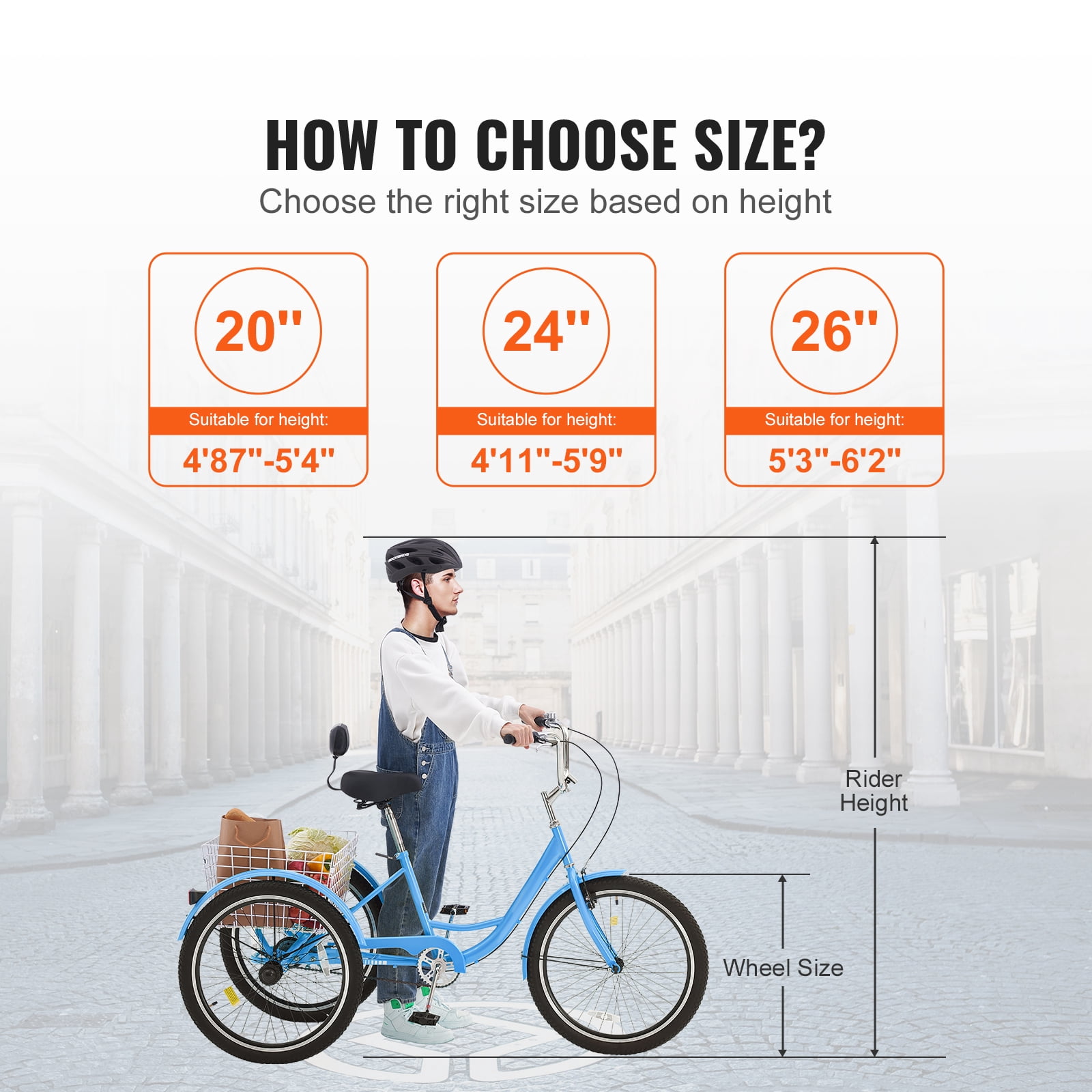 KFFKFF Adult Three-Wheel Bicycle 1 Speed 20/24/26 Inch Tricycles, Trike with Carbon Steel Frame, Includes Basket & Adjustable Seat, Ideal for Picnic & Shopping, Suitable for Seniors, Women, Men