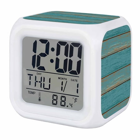 Alarm Clocks Teal Wood Grain Digital Clock 7 Color LED Night Light Silent Non-Ticking Battery Operated Rustic Retro Wooden Cube Clocks Decorative for Bedroom Bedside Living Room Office School Decor