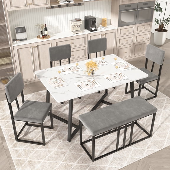 UHOMEPRO Dining Table Set for 6, Dining Room Set with Chairs and Bench, Modern Kitchen Table Set with Metal Frame for Dining Room, Kitchen and Apartment, White Gray