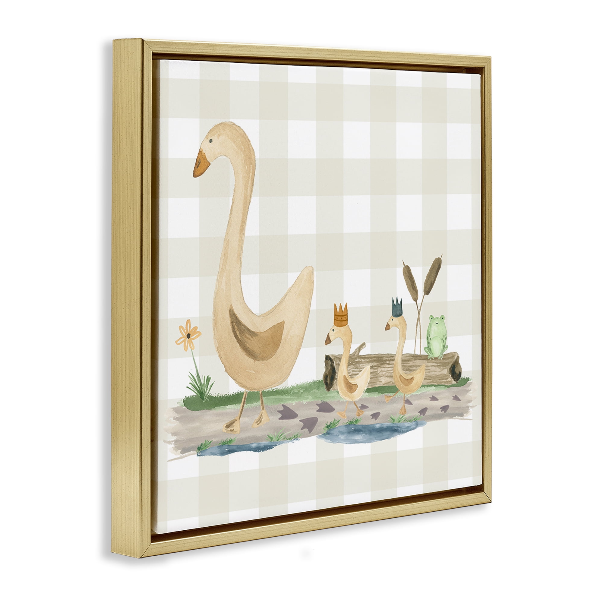 Stupell Industries Ducks on Yellow Plaid Animals Painting Gold Floater Framed Canvas Art Print Wall Art, 25 x 25