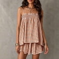 thumbnail image 4 of Hueook Gingham Pajamas for Women Set Fall 2 Piece Outfits Plaid Two-Piece Pajama Camisole Top Wide Leg Shorts Khaki XL, 4 of 9