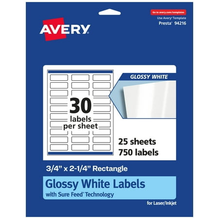 UPC: 0194793903768 | Avery Glossy White Rectangle Labels with Sure Feed  .75  x 2.25   750 Glossy White Labels  Print-to-the-Edge  Permanent Label Adhesive  Laser/Inkjet Printable Labels