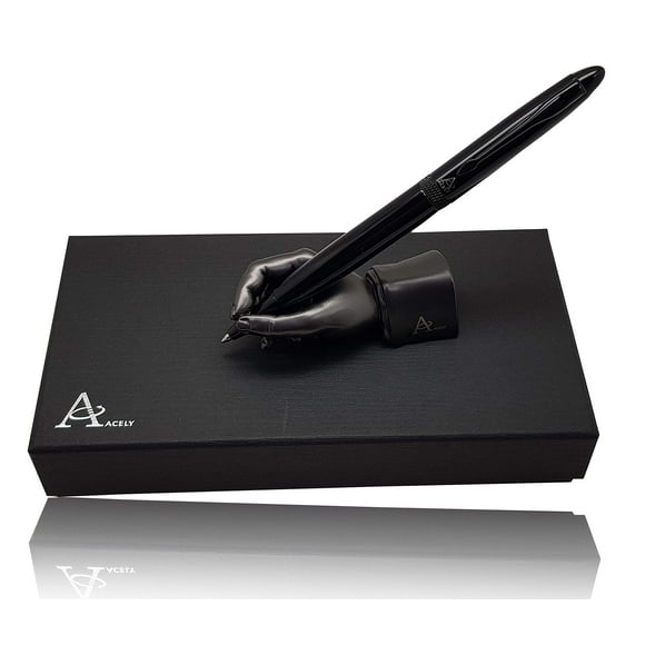 ACELY Executive glossy black Ball Point Pen with Hand Shape Pen Holder Metal Art Craft Paperweight for Desktop Organizer, Desk Decorations for Men - Pen & holder set (Black & Satin Black)