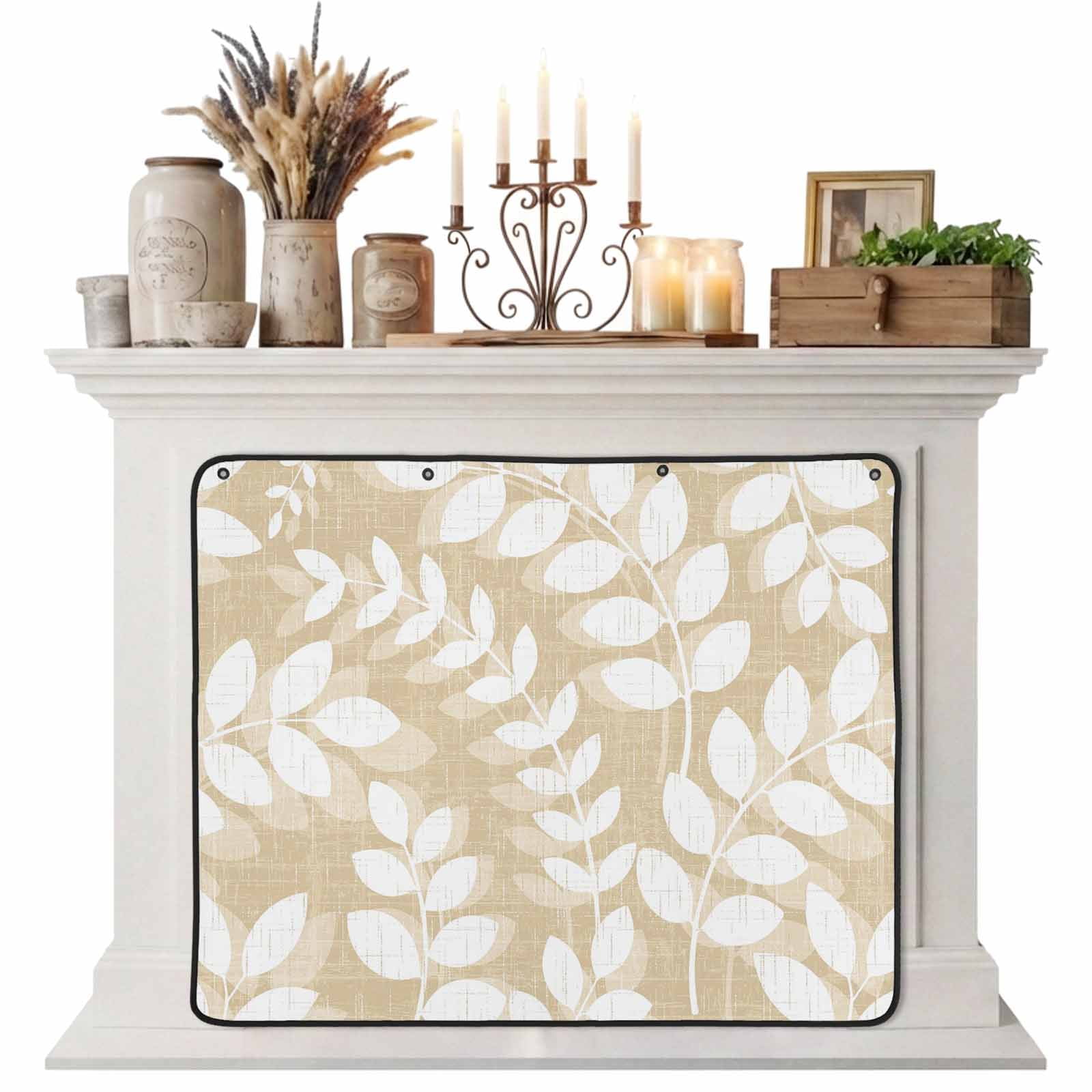 Magnetic Fireplace Cover Beige Leaf Branches Fireplace Screen Linen Leaves Plant Insulation Fireplace Blocker Blanket Save Energy Fireplace Draft Stopper Covers for Living Room 36x30