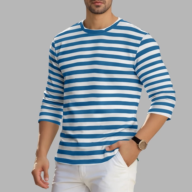 Ceisia Men's Spring Summer Casual Regular Fit Crew Neck Three-Quarter Sleeve T-Shirt Multi-Color Striped Cotton-Like Jersey Stretch Fabric Light Blue XXXL Gifts