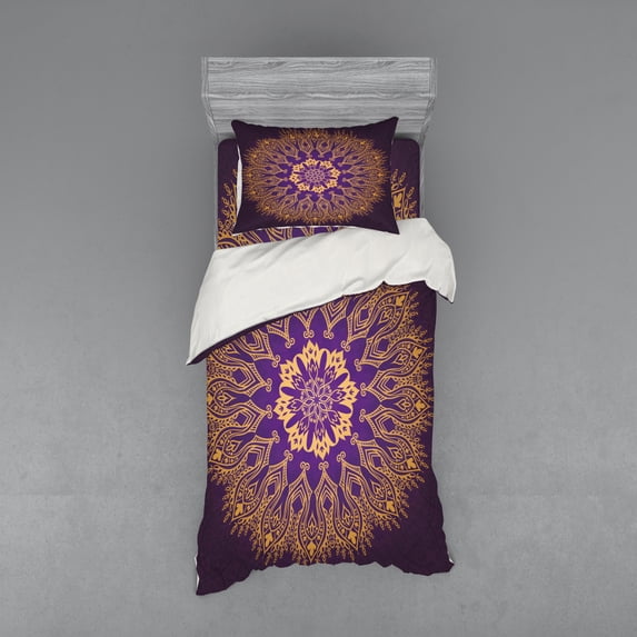 Ambesonne Mandala Bedding Set 3 Pcs, Round Folkloric Pattern, Twin, Violet Purple and Yellow