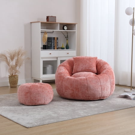 CKEASEAN Pumpkin Design Lazy Beanbag Sofa Chair with Ottoman Chenille Fabric Lounge Chair with Pillow Fluffy Lounge Armchair Ergonomic Floor Boneless Sofa for Living Room No Assembly Required