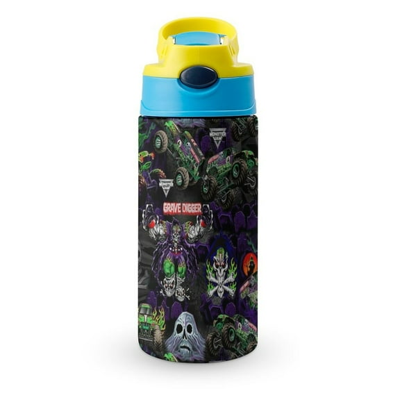 Kids Water Bottle with Covered Pop-Up Straw Monster Truck Jam Insulated Stainless Steel Cup for Girls Boys