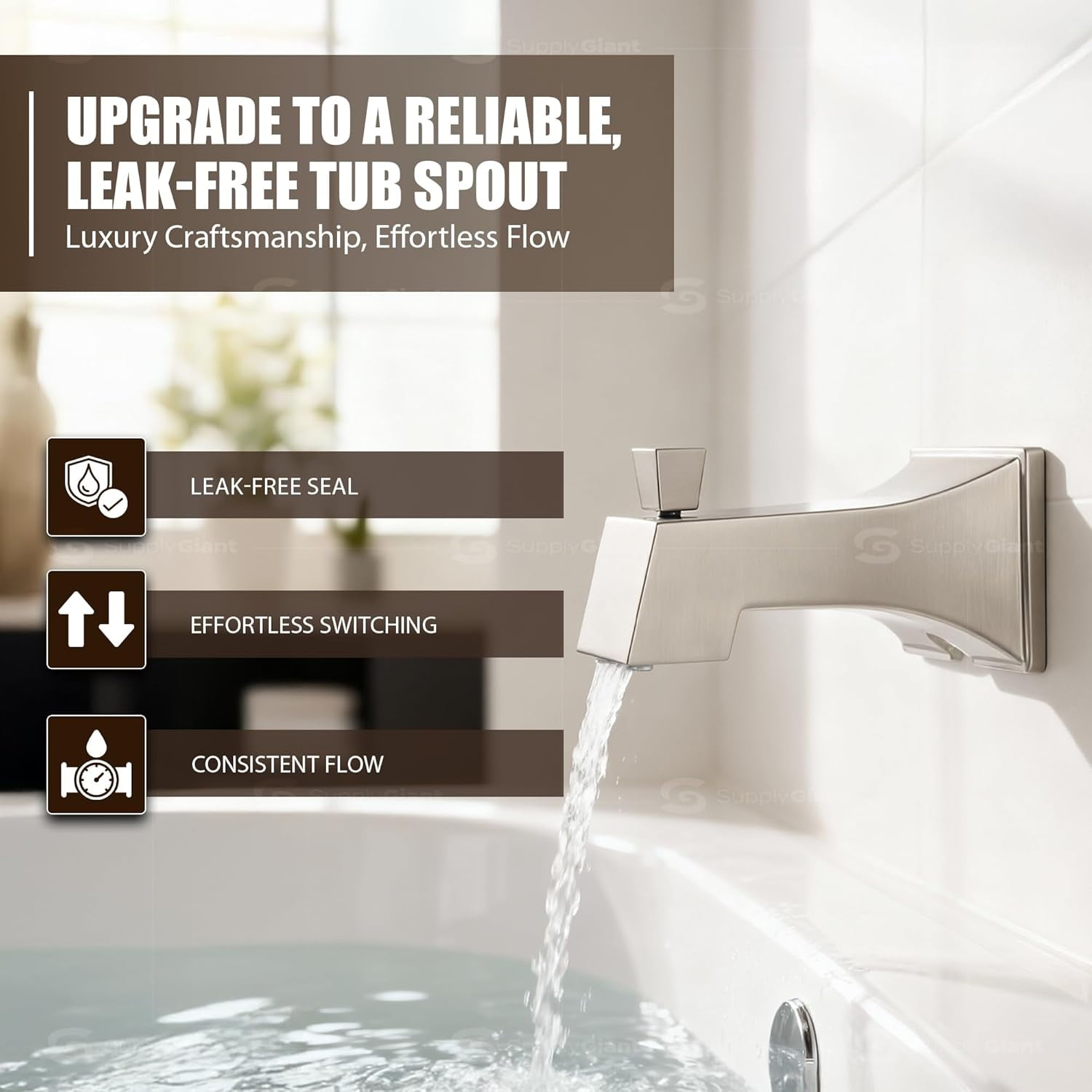 SUPPLYGIANT™ Tub Spout with Diverter 6" Square Bathtub Faucet with Decorative Brushed Nickel Finish