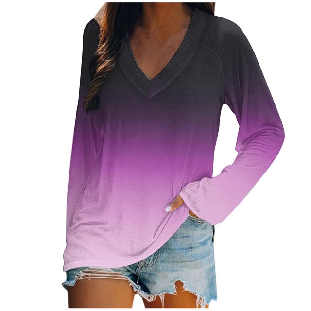 KIHOUT - Blusas casuales para mujer, liquidación 2024, moda clásica, color degradado, cuello en V, blusas holgadas básicas de otoño, blusas tipo túnica de manga larga