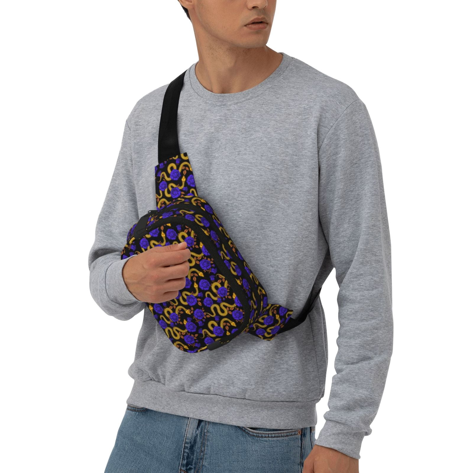 Fuzoiu Golden Snake And Purple Rose Print Unisex Square Double Layer Waist Bag,Crossbody Fanny Pack Travel Workout Accessory