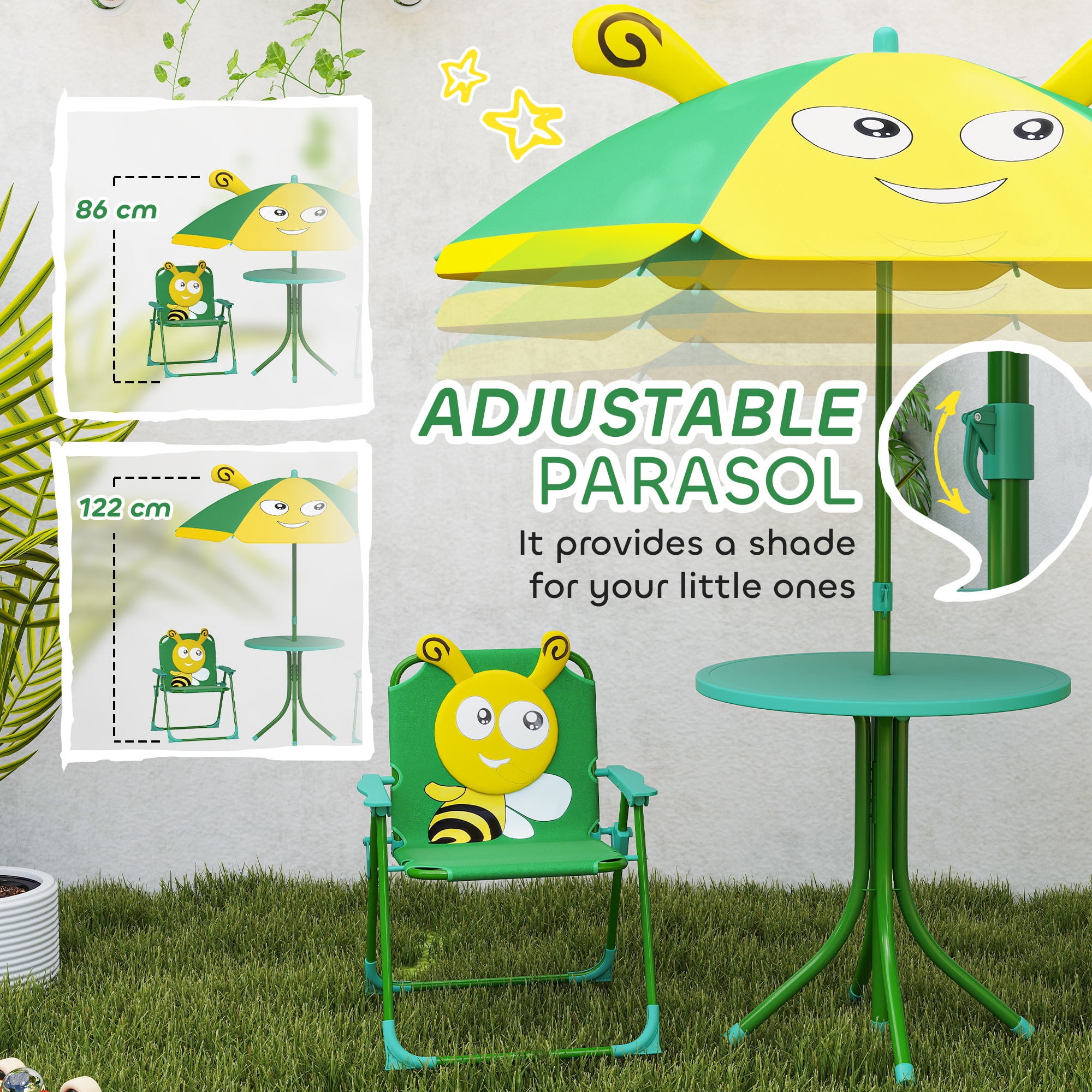 Qaba Kids Picnic Table and Chair Set, Bee Pattern Outdoor Activity Table with Foldable Chairs, Height Adjustable Umbrella for Backyard, Garden, Green