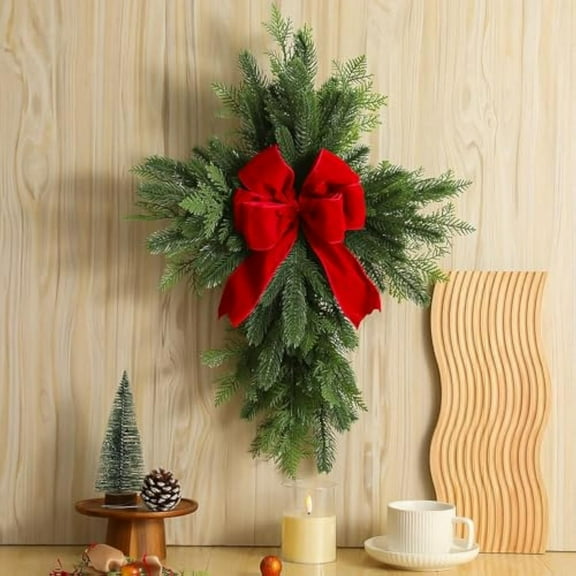 YujiCraft Artificial Christmas Wreaths,20*18 Inch Christmas Cross Wreath Adorned with Red Bows and Branches, for Front Doors Outdoor Windows Interior Walls Fireplace Mantels Holiday Decor,