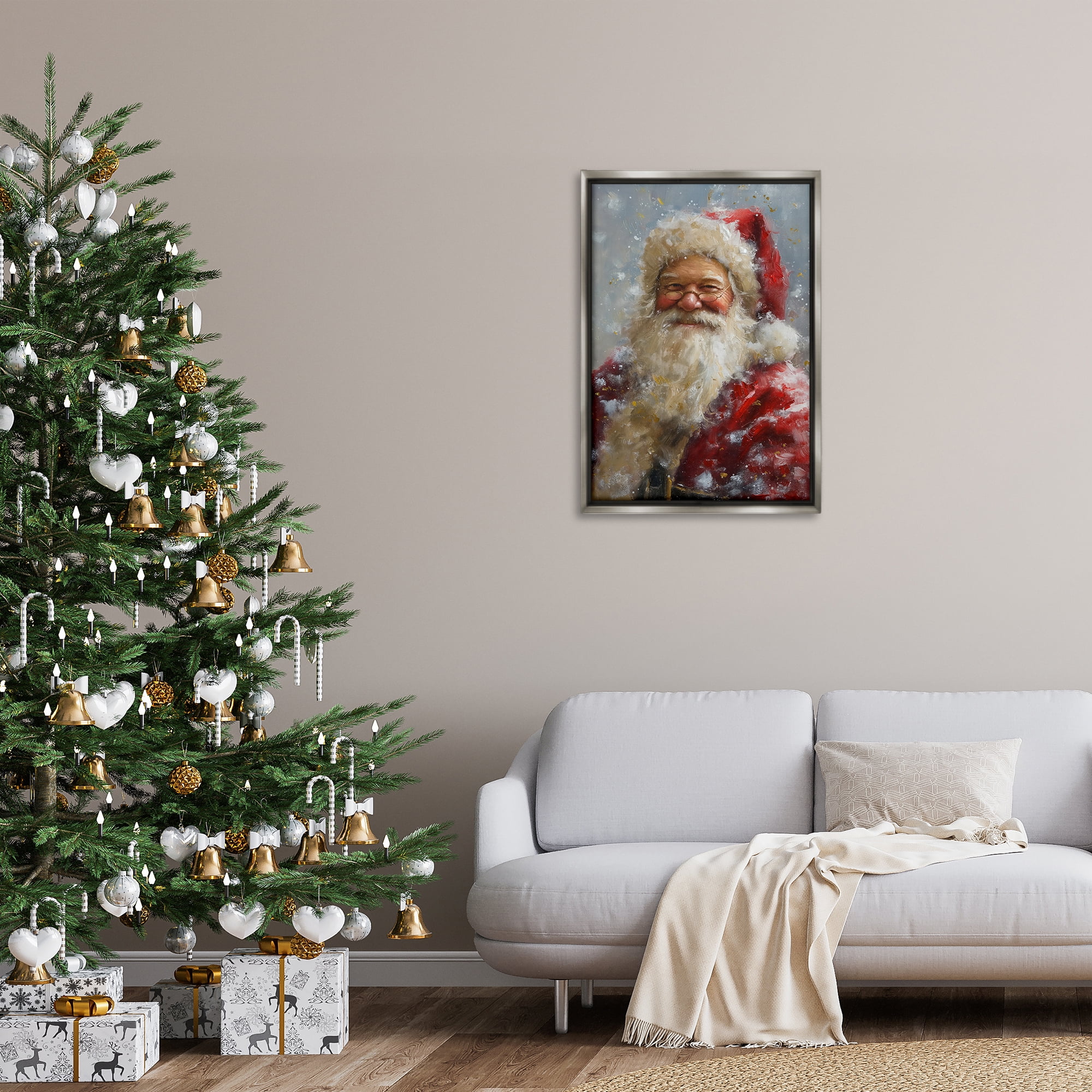 Stupell Industries Smiling Santa Portrait Holiday Painting Gray Floater Framed Art Print Wall Art, 21 x 31