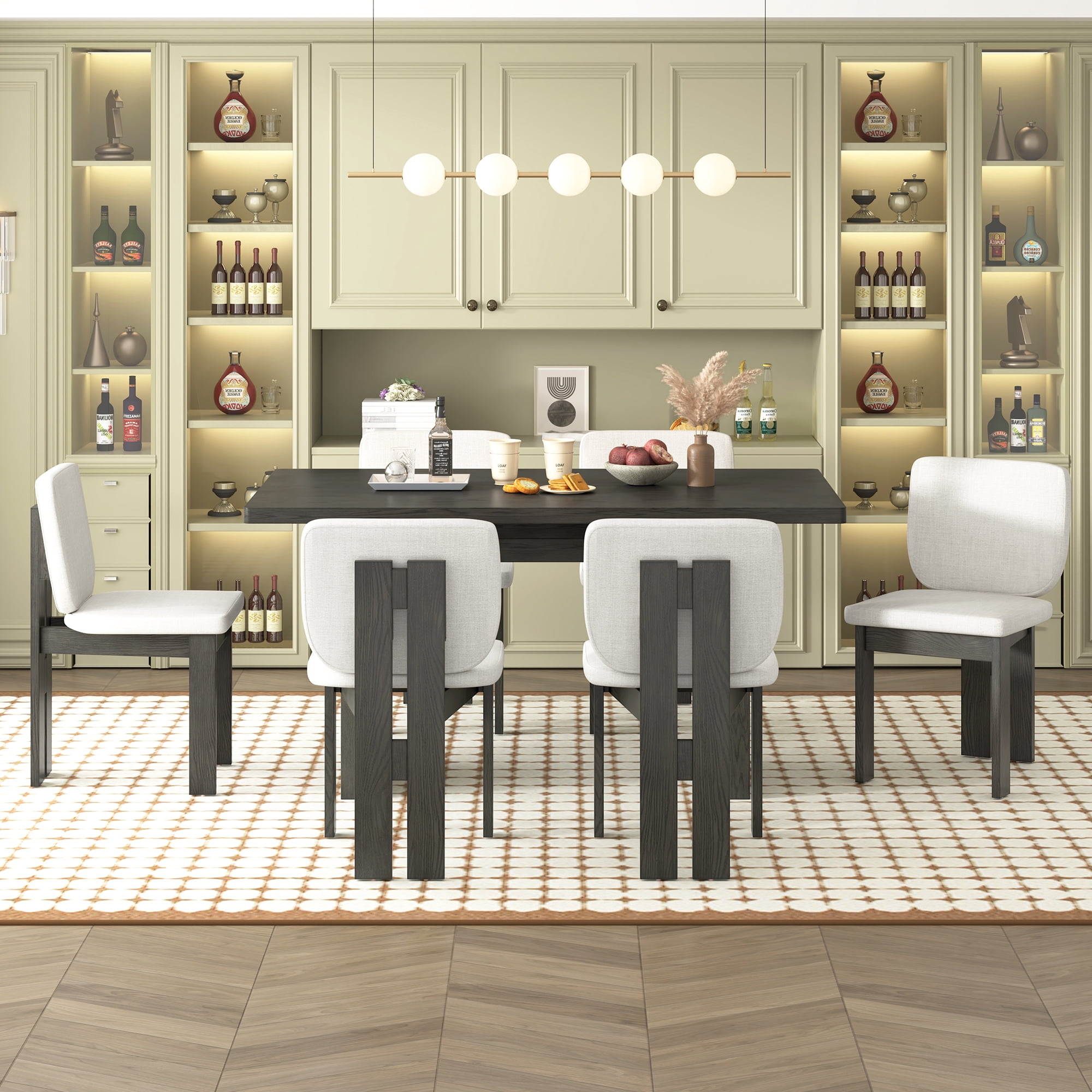7-Piece Dining Table Set for 6, 60" Rectangular Dining Table with 6 Upholstered Chairs