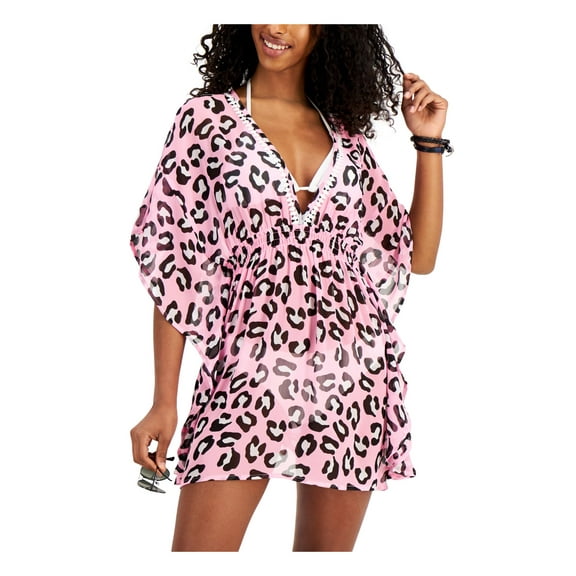 MIKEN SWIM Women's Pink Animal Print Contrast Trim Smocked Waist Deep V Neck Swimsuit Cover Up M