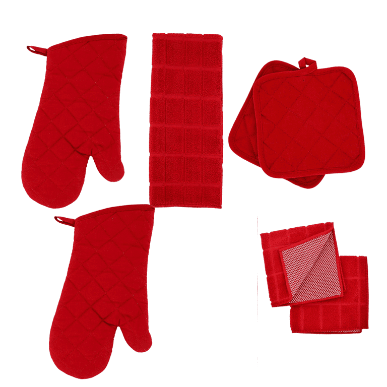 Red Holiday Kitchen Set 2 Towels 1 Oven Mitt 2 Scrubbers & 2 Pot