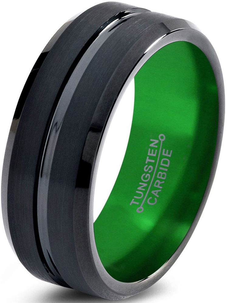 Tungsten Wedding Band Ring 10mm for Men Women Green Black Beveled Edge