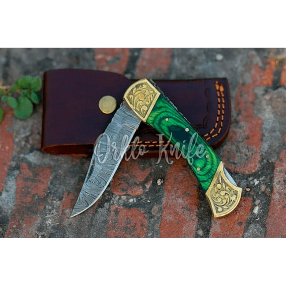 9" Inches Handmade Damascus Steel Back Lock Pocket Knife With Engraved Brass Clips Green Dollar Sheet Handle.