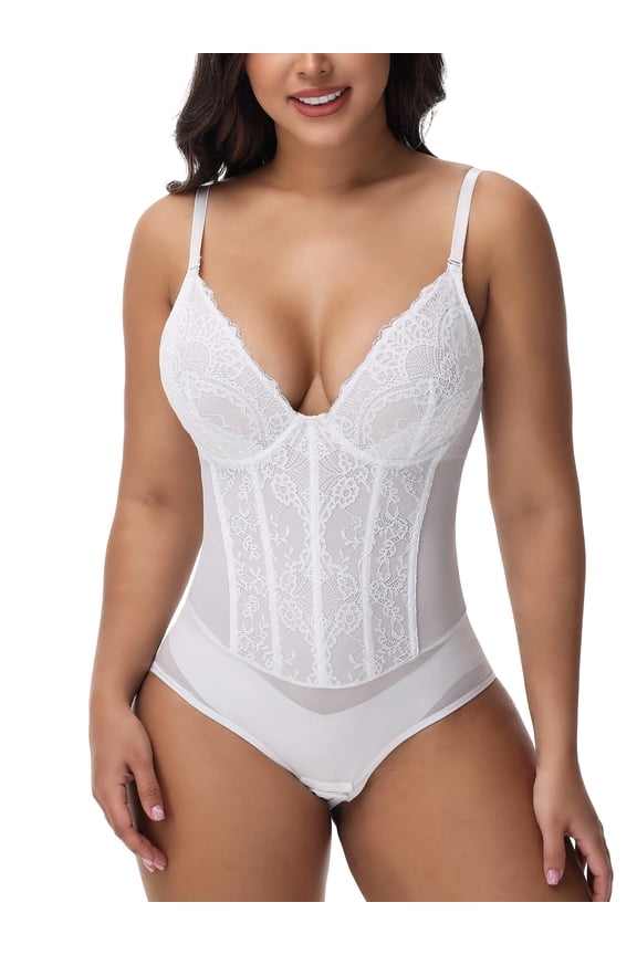 Corset Bodysuit Built in Bra - V Neck Bodysuits for Women Tummy Control Shapewear