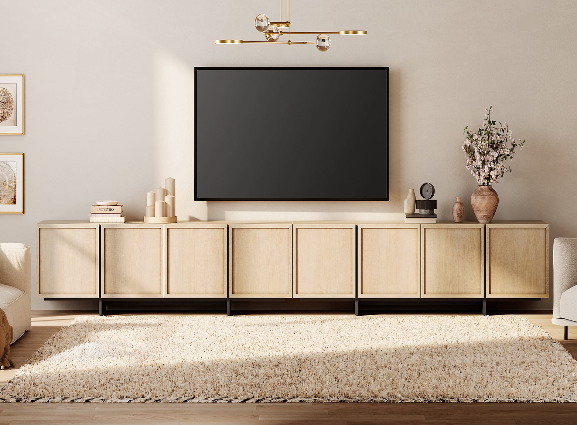 WAMPAT Modern TV Stand - Media Console Table for 32-110 inch TVs, Wood Entertainment Center with Storage Cabinets for Living Room，Beige