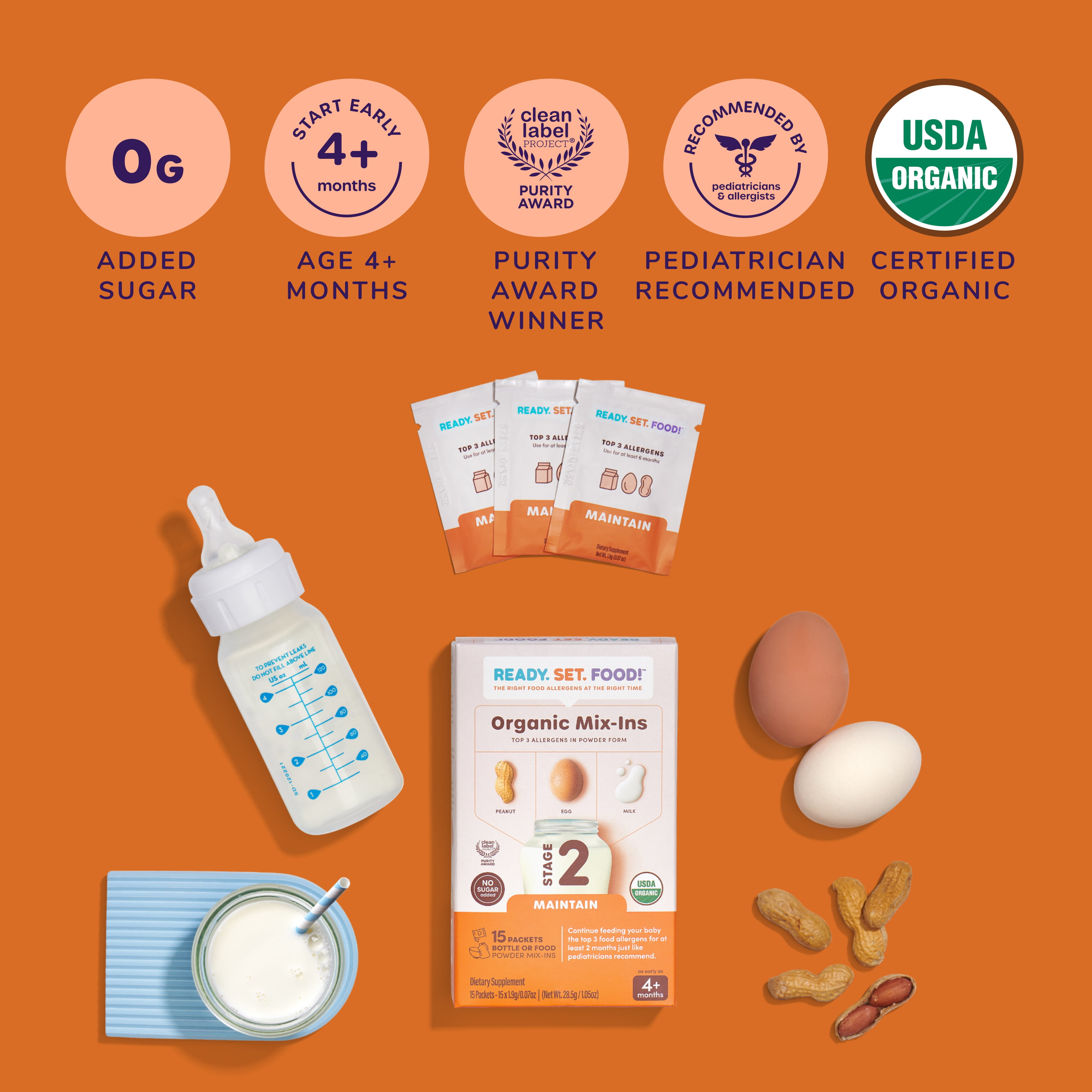 Ready, Set, Food! Organic Early Allergen Introduction Mix-Ins, 4+ Months, Stage 2 15 Day, Unflavored