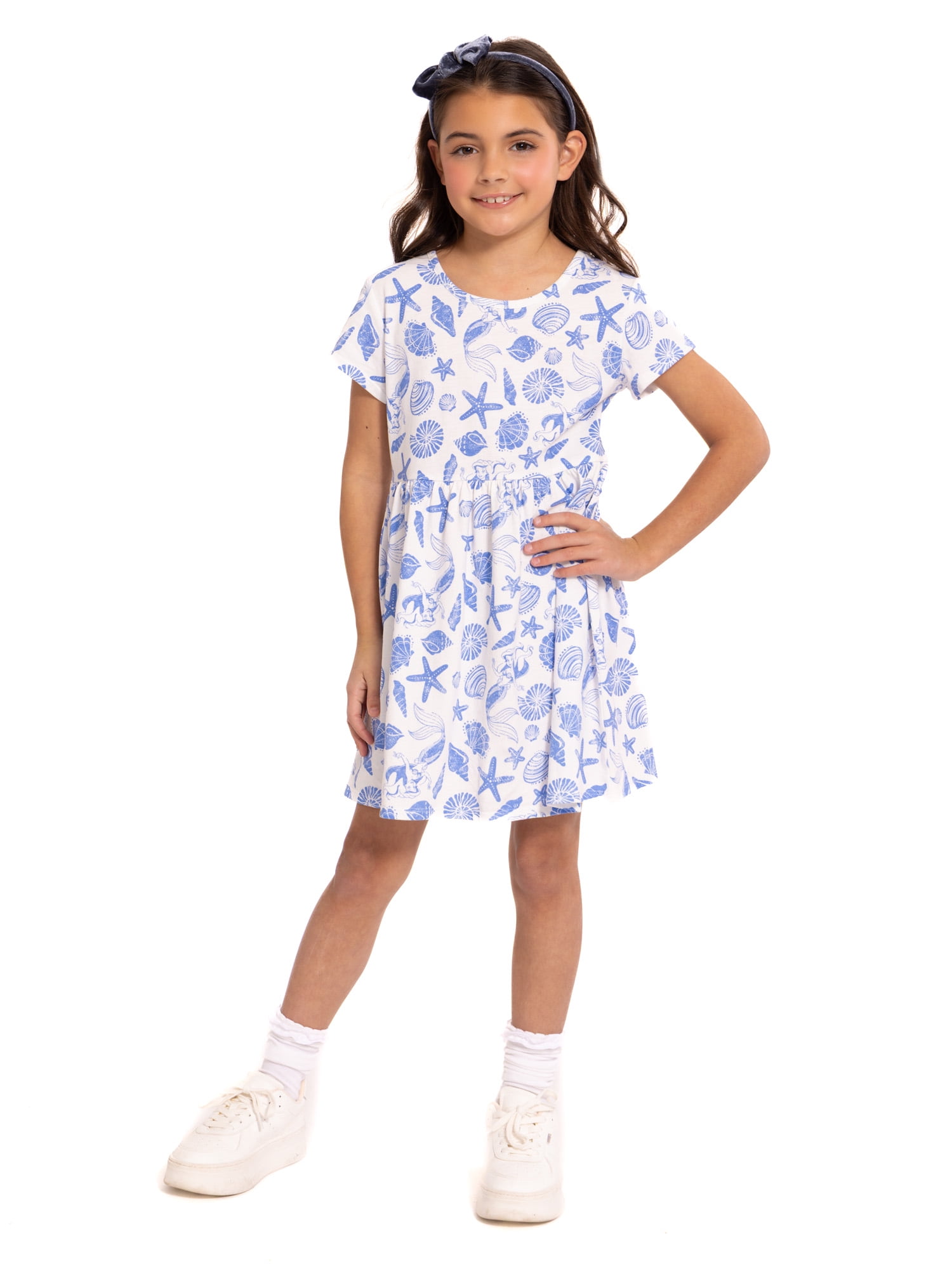 The Little Mermaid Ariel Girls Allover Print Dress with Short Sleeves, Sizes 4-12