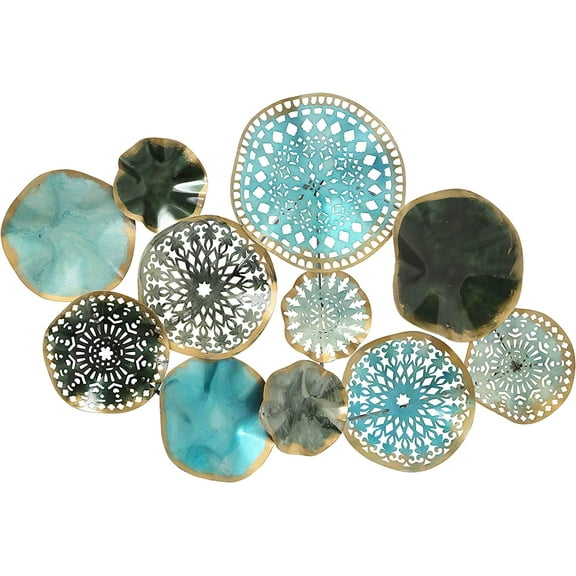 Modern Blue Metal Rounds Wall Sculpture, Turquoise, Grey and Gold Accents, 3 feet (35.5 inches)