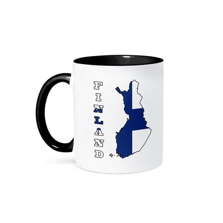 3dRose, The flag of Finland in the outline map of the country and name, Finland, 11oz Two-Tone Black Mug