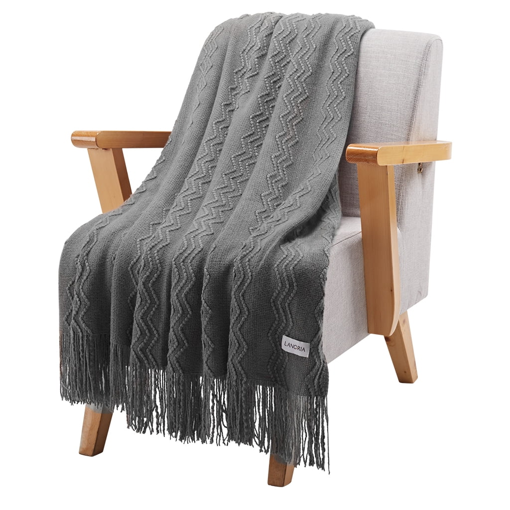 LANGRIA Wavy Pattern Knitted Tasseled Fringe Throw Blanket Gray