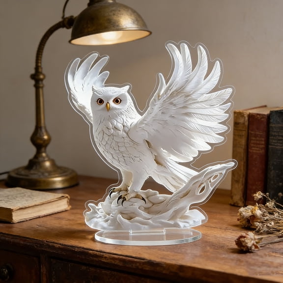 Uandlove White Owl Statue Acrylic Figurine with Spread Wings, Elegant Bird Sculpture for Home Office Desk Bookshelf Decor, Wildlife Gift for Lovers