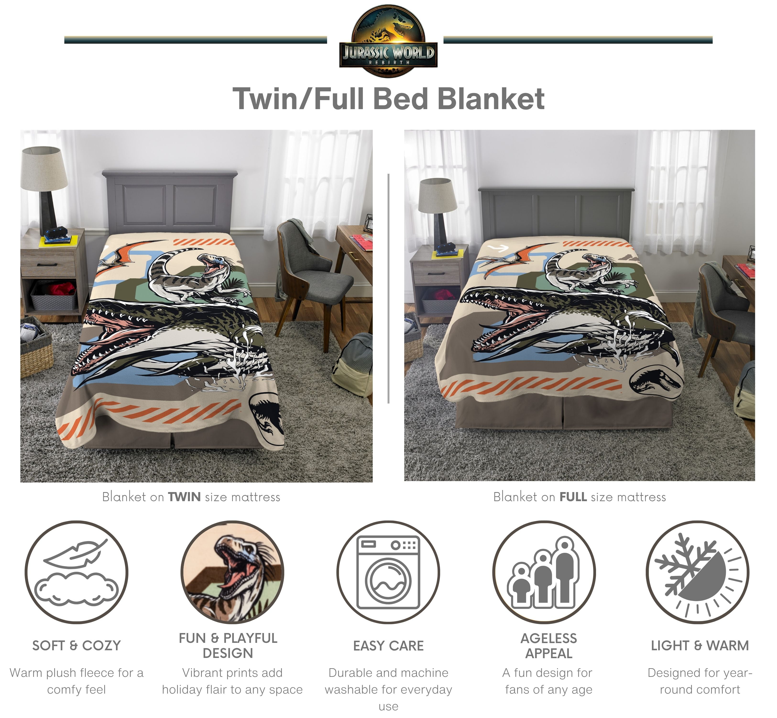 Jurassic World Kids Beige Dinosaur Print Fleece Bed Blanket, Twin/Full